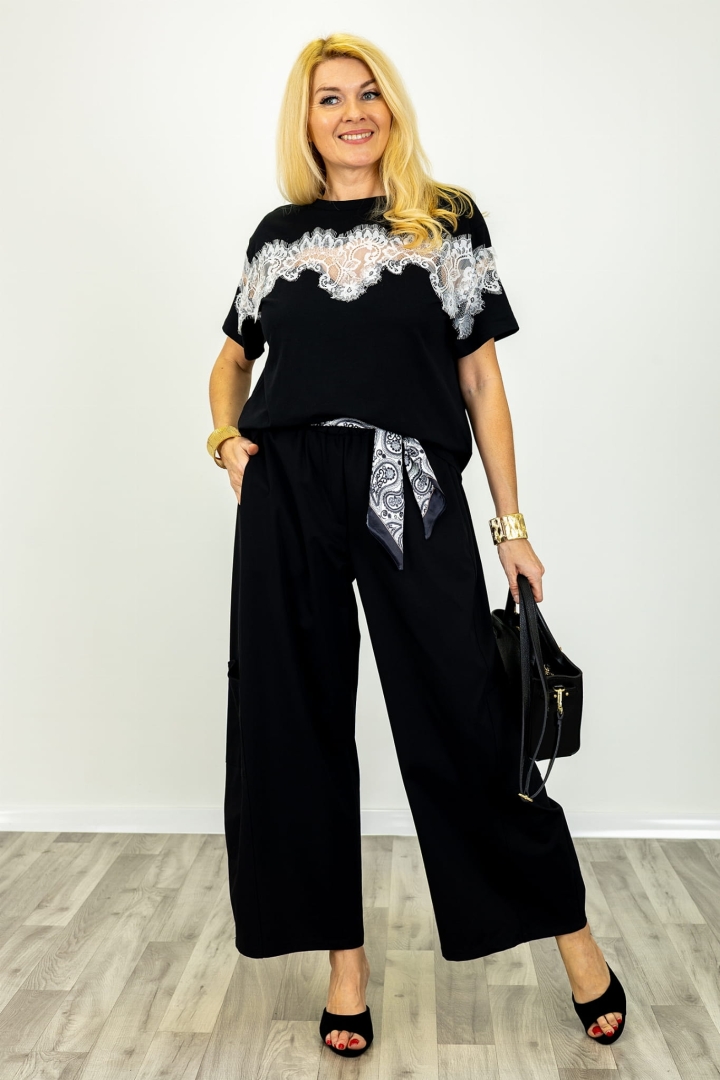 Spodnie wide leg Librino kuloty kiszenie na nogawkach dekoracyjna apaszka czarne