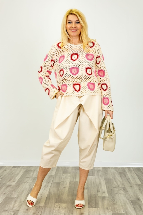 Bluzka ażurowa w kółka Lacjuma w stylu boho patchwork beż z fuksją