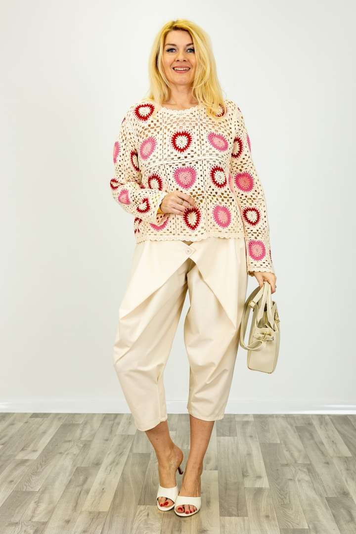 Vintage bluza ażurowa beżowa w kółka