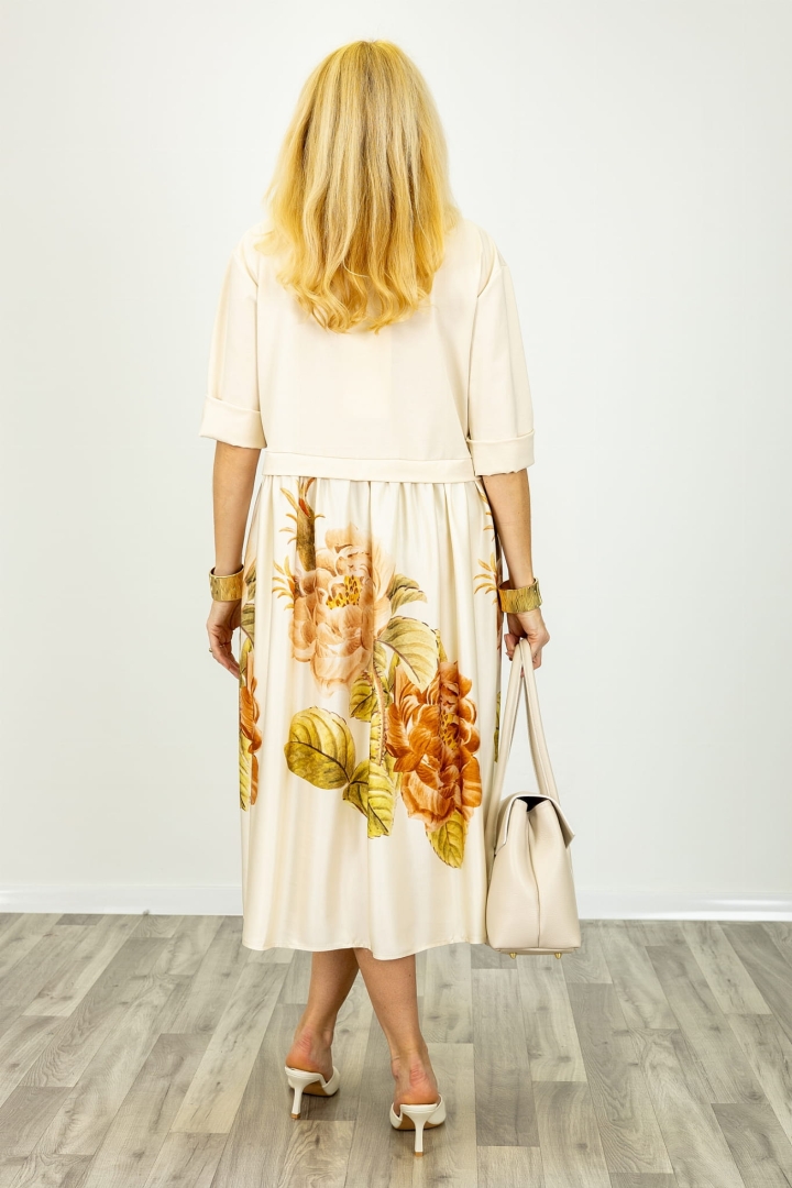Sukienka midi satynowy dół w print kwiaty beżowa