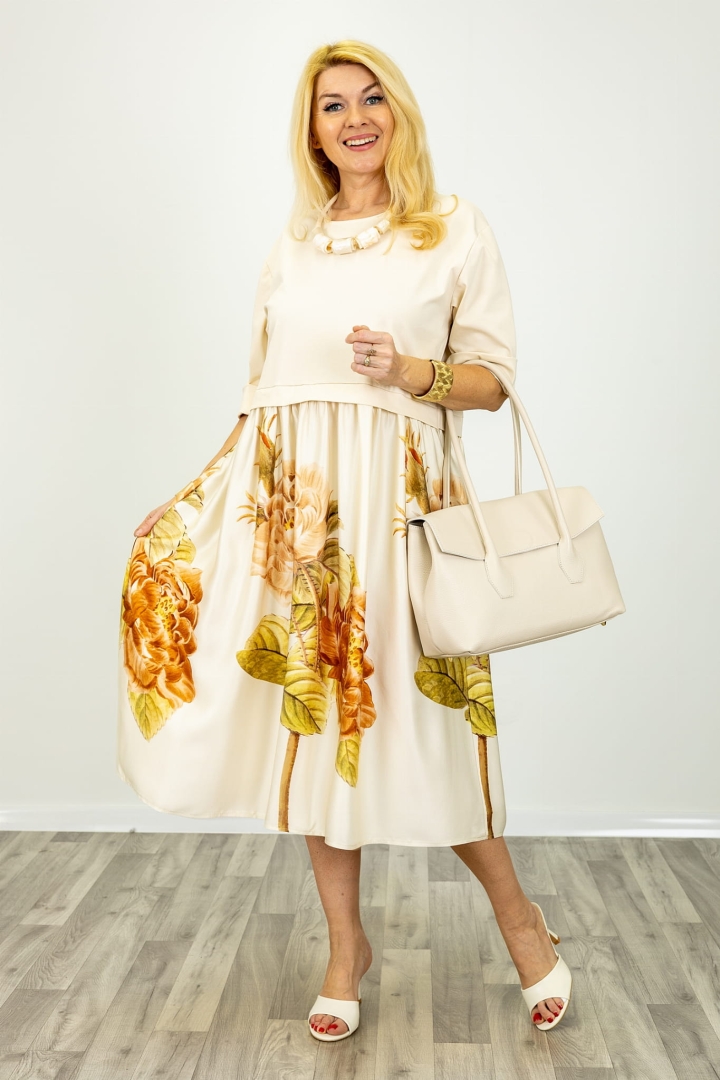 Sukienka midi satynowy dół print kwiatowy beżowa