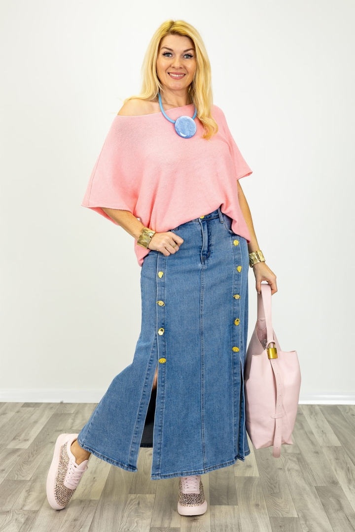 Spódnica Ottati denim blue trapezowa z wysokim stanem i rozcięciami Antaresa.