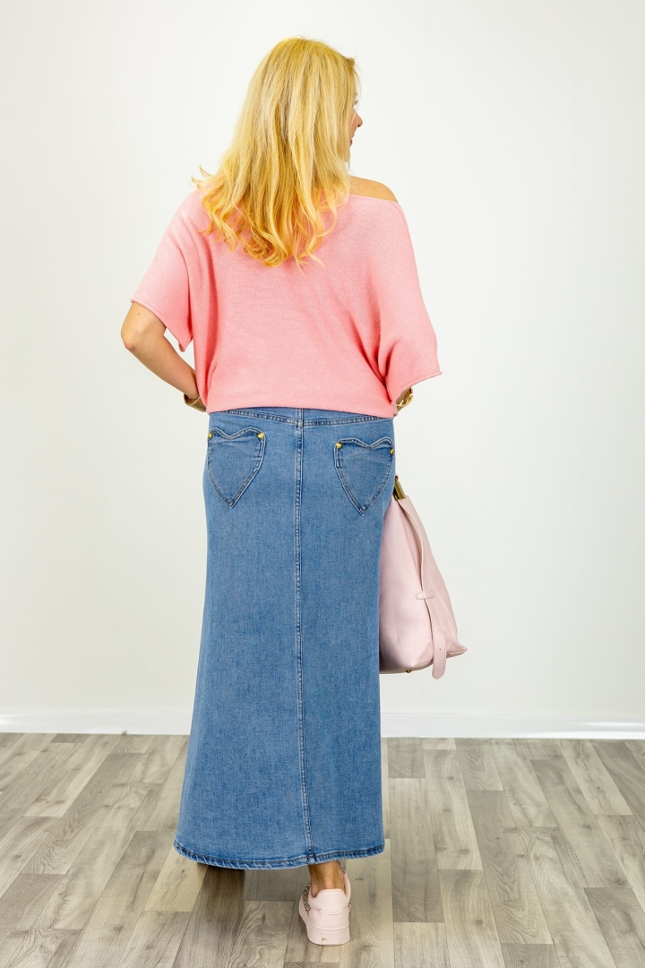 Spódnica maxi Ottati denim blue z wysokim stanem i trapezowym krojem Antaresa.