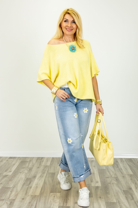 Bluzka dzianinowa Rioneroinvulture pastelowa żółta z krótkim rękawem i okrągłym dekoltem