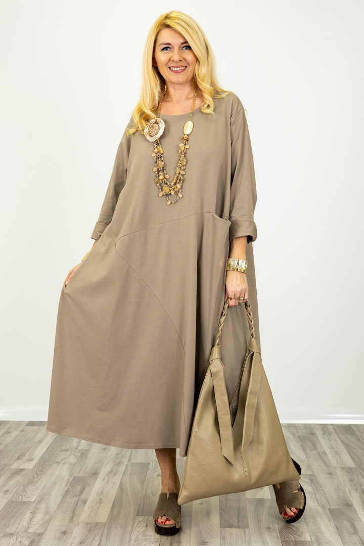 Sukienka fango Prignano maxi oversize z kieszeniami i przeszyciami