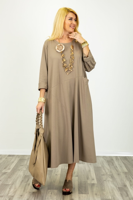 Sukienka maxi oversize Prignano fango z przeszyciami i kieszeniami