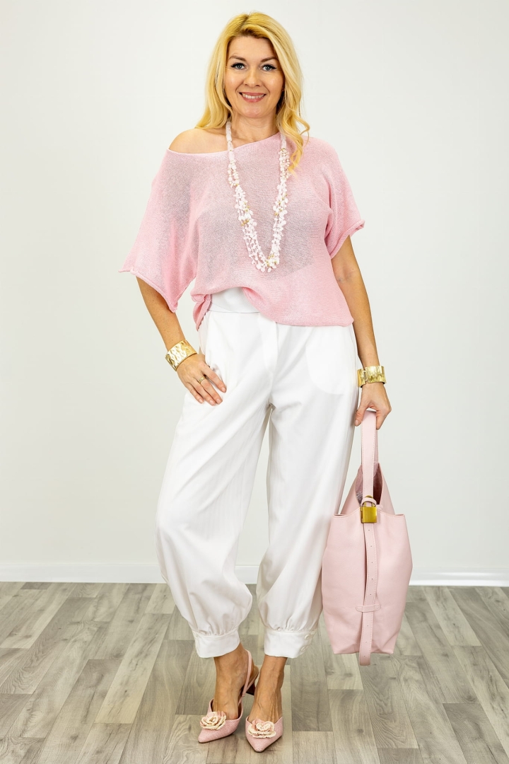 Bawełniana bluzka dzianinowa pudrowa różowa z delikatnym ażurowym splotem.