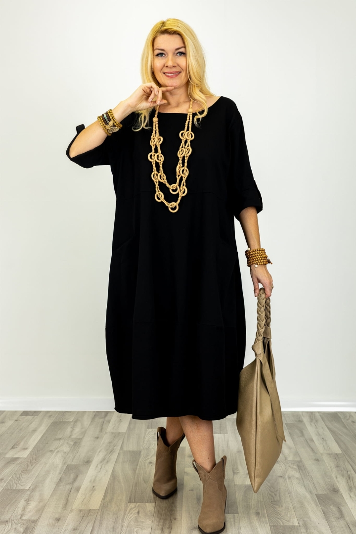 Czarna sukienka midi oversize Focognano z kieszeniami i regulowanymi rękawami