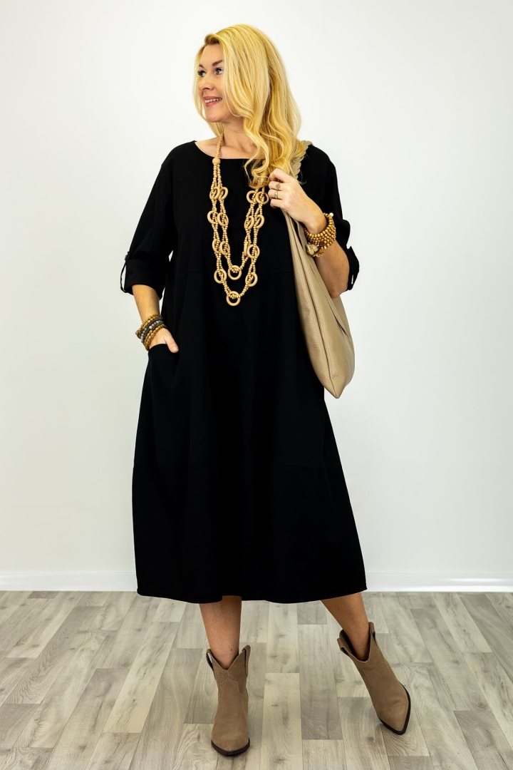 Sukienka midi oversize z kieszeniami podpinanymi rękawami i okrągłym dekoltem Focognano czarna