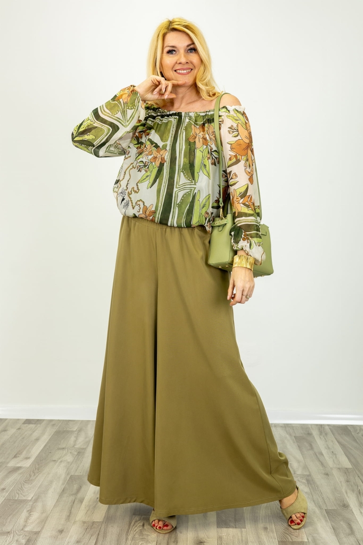 Spodnie palazzo Valdisotto oliwkowe z wysokim stanem i gumką w pasie