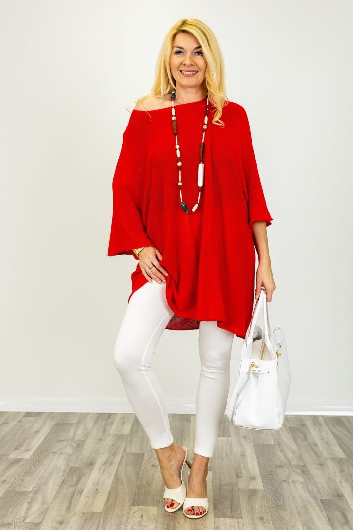 Czerwona tunika Tornimparte oversize z bocznymi przeszyciami na rękawach i cienkiej dzianiny