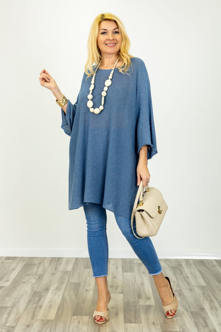 Tunika oversize Tornimparte denim blue z rękawem kimono i okrągłym dekoltem z możliwością opuszczenia na ramię