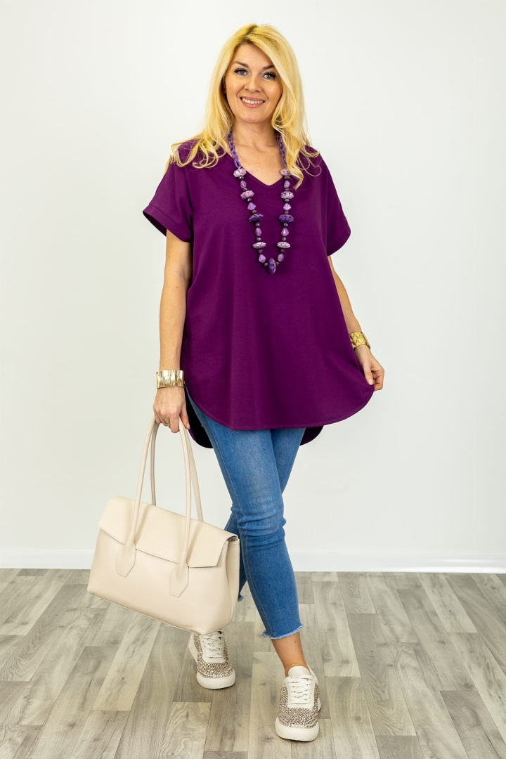 Oversizowa asymetryczna tunika Palmoria V neck fiolet biskupi