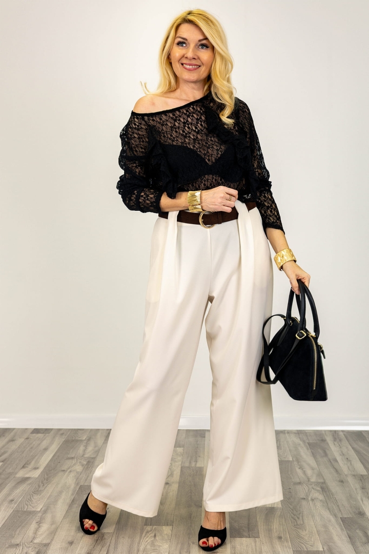 Szerokie spodnie Borgatacostiera palazzo ecru o płynnej linii nogawki i podwyższonym stanie