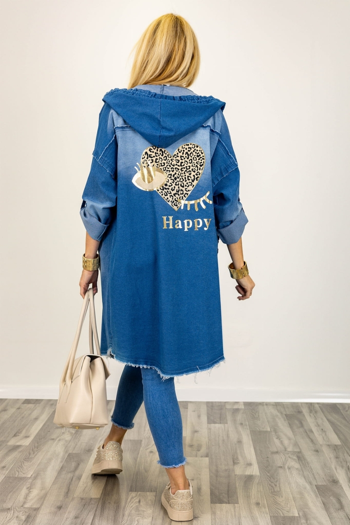 Płaszcz denim oversize z nadrukiem na plecach Scicli medium denim blue