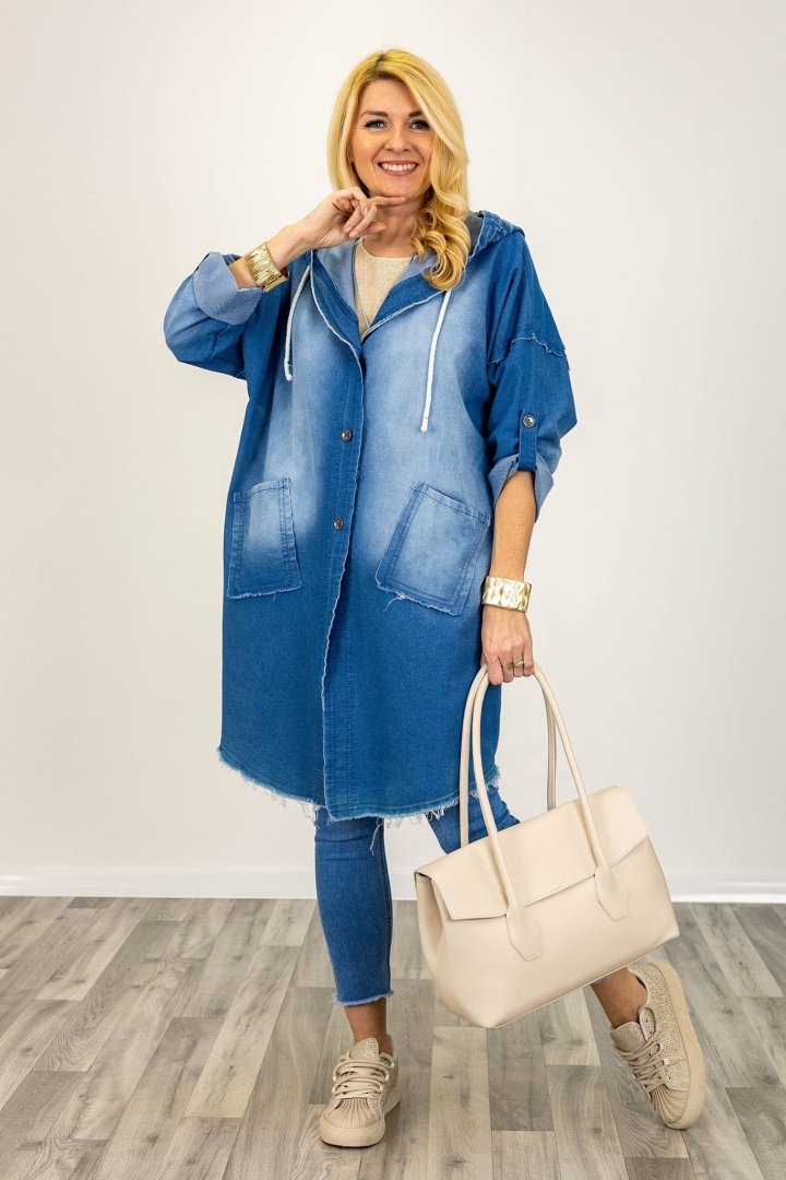 Płaszcz jeansowy z kapturem i złotym sercem Scicli medium denim blue