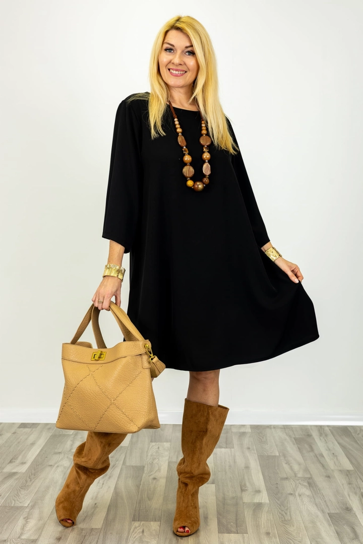 Sukienka midi elegancka oversize z okrągłym dekoltem z gładkiego materiału Portoferraio czarna