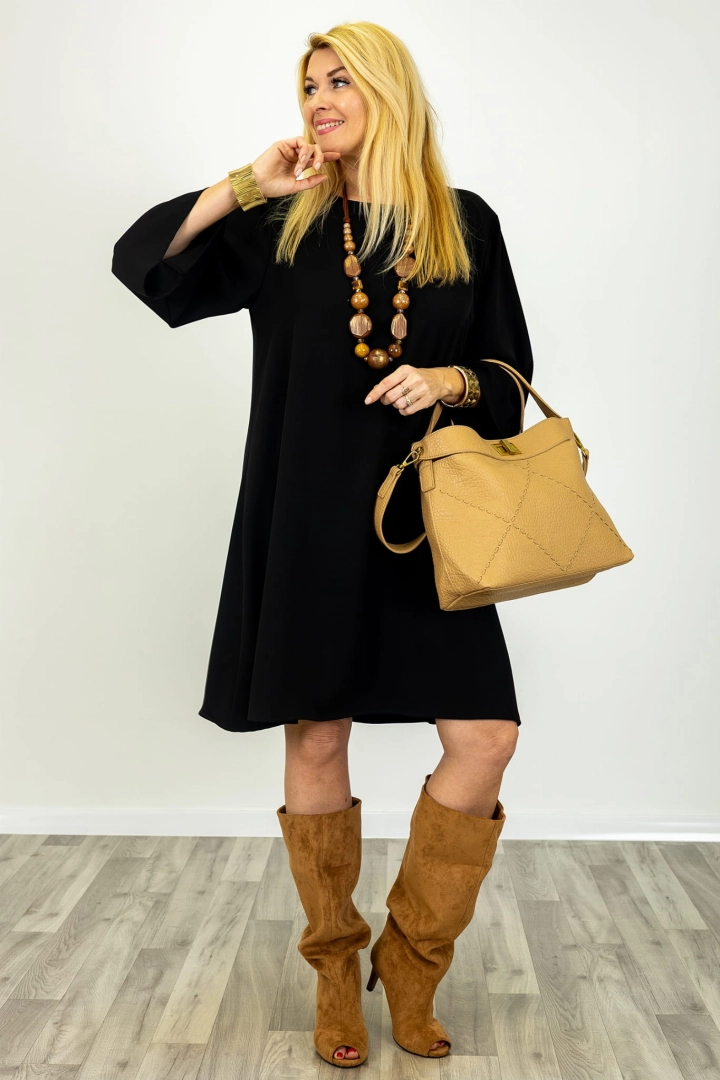 Portoferraio sukienka midi czarna elegancka oversize z okrągłym dekoltem z gładkiej tkaniny