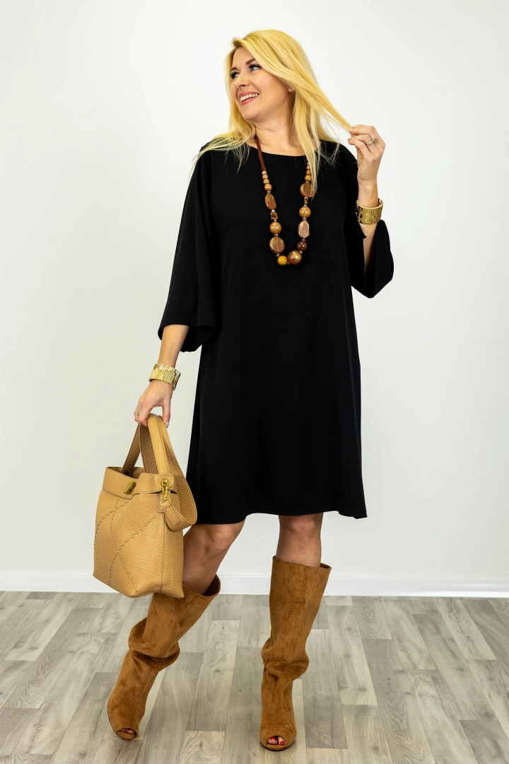 Sukienka damska Portoferraio czarna midi elegancka oversize z okrągłym dekoltem z gładkiego materiału