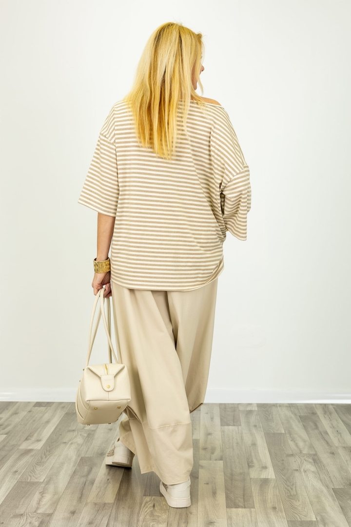 Beżowo fango bluzka oversize w paski z ukośnym przeszyciem i dekoracyjnym wiązaniem Argentario
