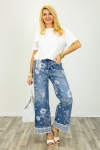 Spodnie jeansowe wide leg z kwiatowym printem i koronkowym wykończeniem nogawek Brugnatella denim blue