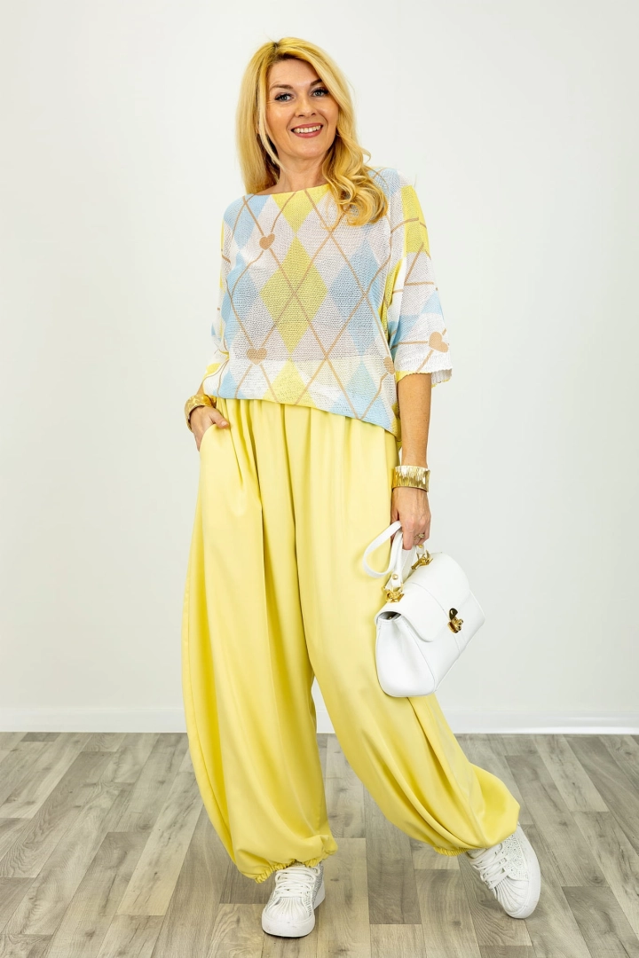 Dzianinowa bluzka Panarea damska oversize w romby pastelowy błękit i żółty