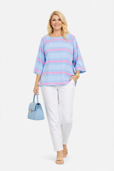 Bluzka Palmarola oversize w paski, niebieska z różowym wykończeniem