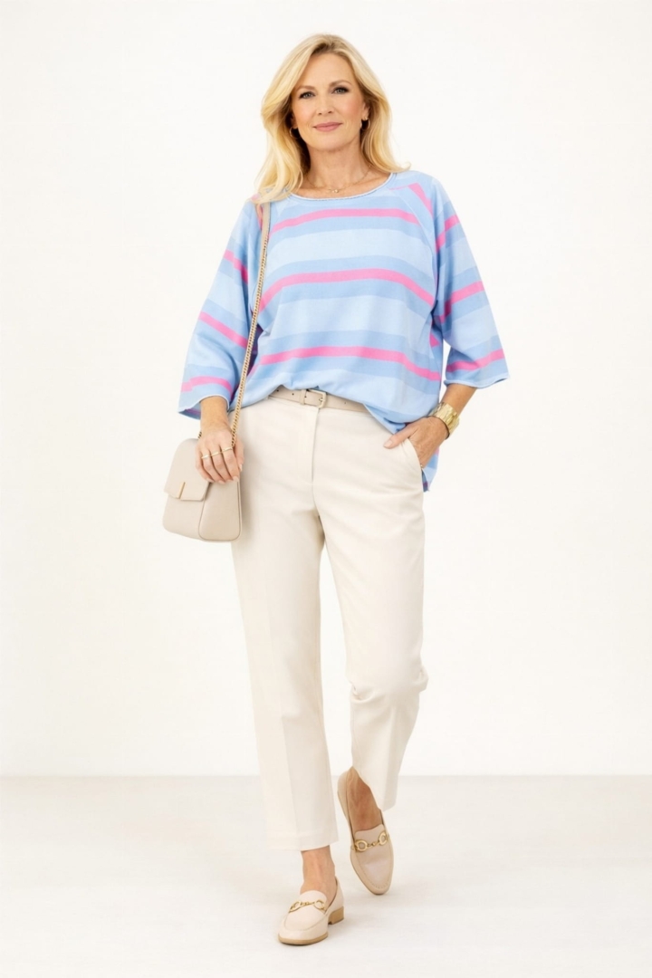 Bluzka w paski Palmarola, luźny krój, surowe wykończenie, kolory niebieski różowy