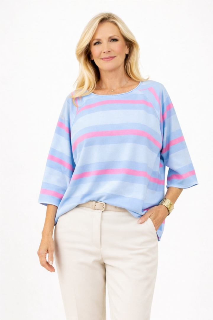 Damska bluzka Palmarola, paski, okrągły dekolt, luźny fason, biało-niebiesko-różowa