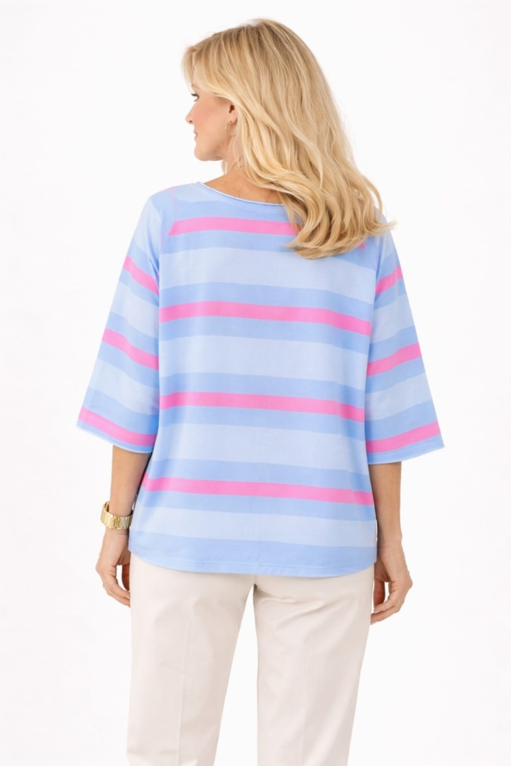 Oversize bluzka damska Palmarola, paski niebieskie i różowe, dekolt okrągły