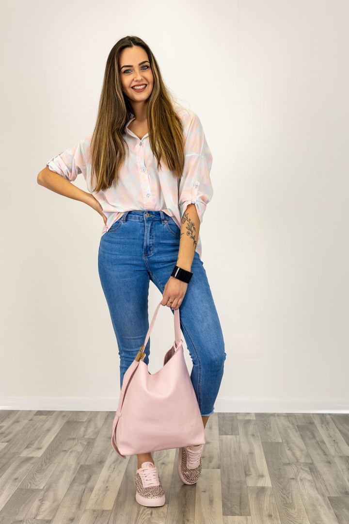 Koszula Valmozzola beżowa z pudrowym różem w romby z podpinanymi rękawami fason oversize