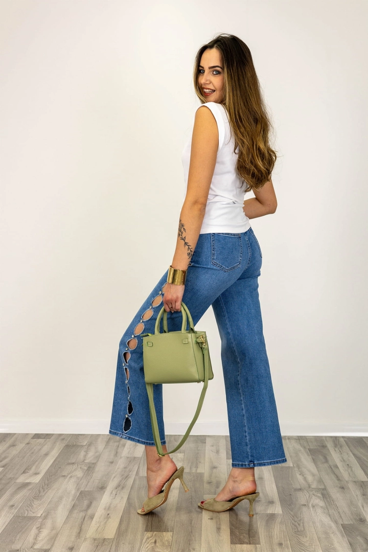 Spodnie szwedy Cervicati denim blue z wysokim stanem i rozcięciami po bokach