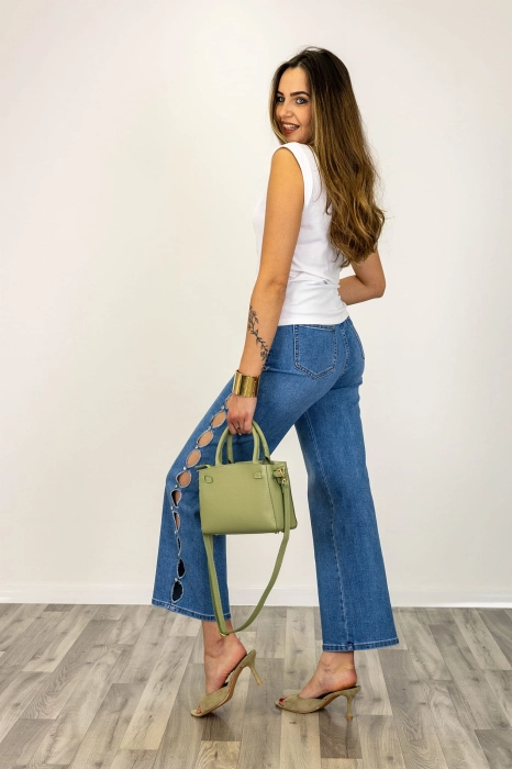 Spodnie szwedy Cervicati denim blue z wysokim stanem i rozcięciami po bokach