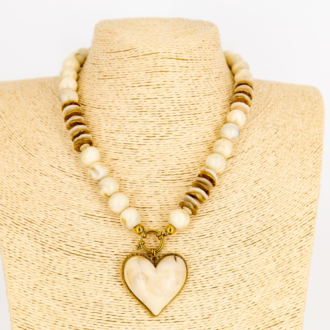 Naszyjnik z sercem Montegiordano beżowy z marmurkowymi przekładkami