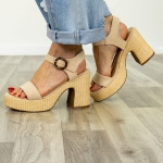 Sandałki na słomkowej platformie z ozdobną panterkową klamrą Belmontemezzagno beżowe