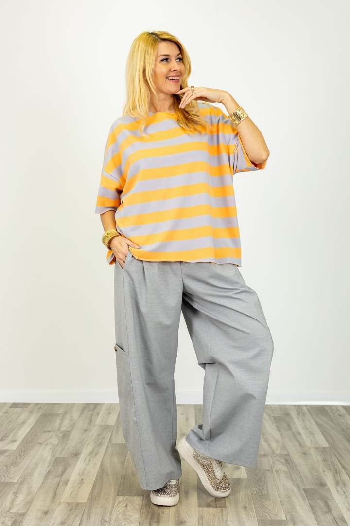 Bluzka dekolt łódka surowo wykończona z krótkim rękawem w paski Tregnago pomarańczowa