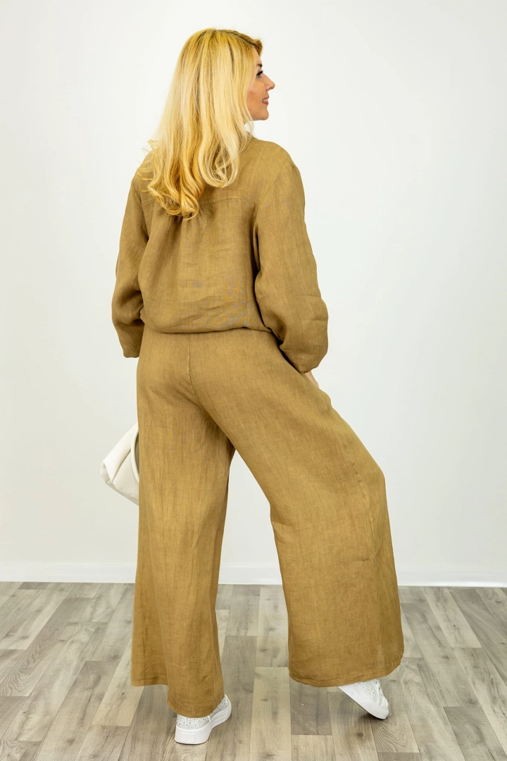 Spodnie lniane camel wide leg z troczkiem i elastycznym pasem Pescantina