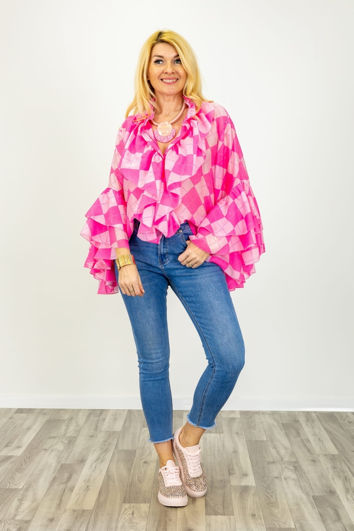 Bluzka oversize w romby zapinana na guziki z warstwowymi falbanami na rękawach Bettona różowy