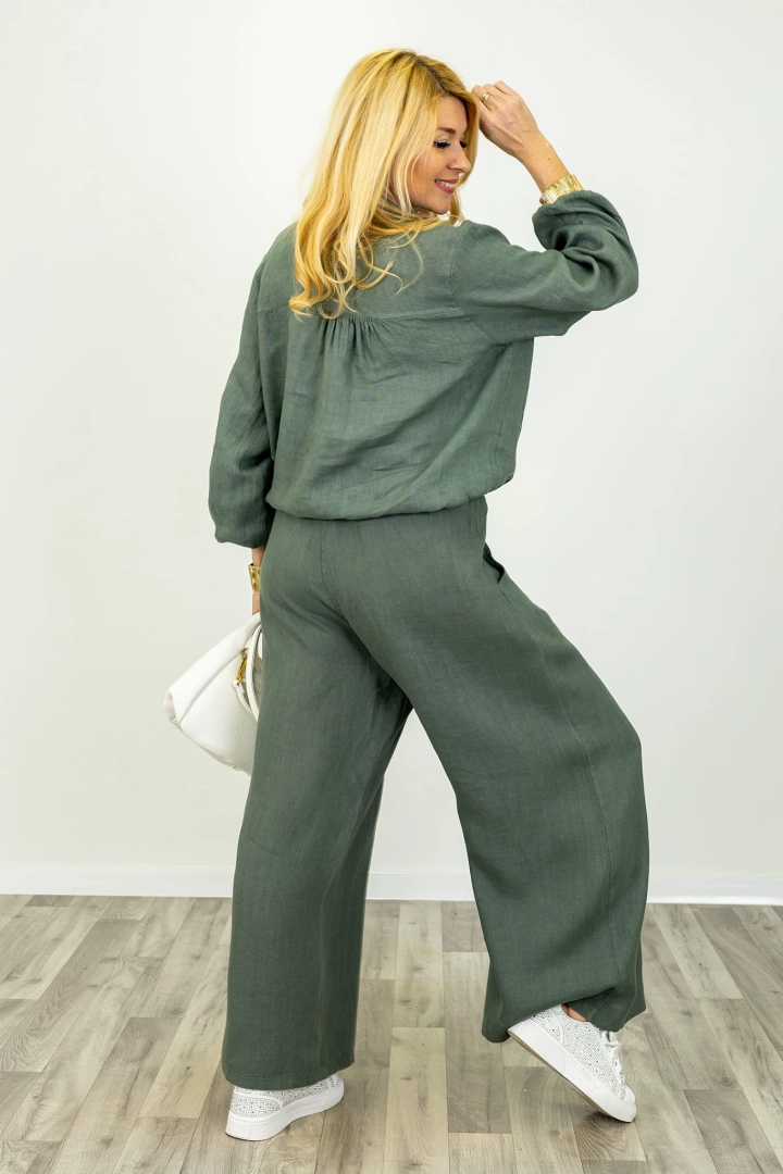 Szerokie spodnie lniane wide leg khaki z gumką i troczkiem Pescantina