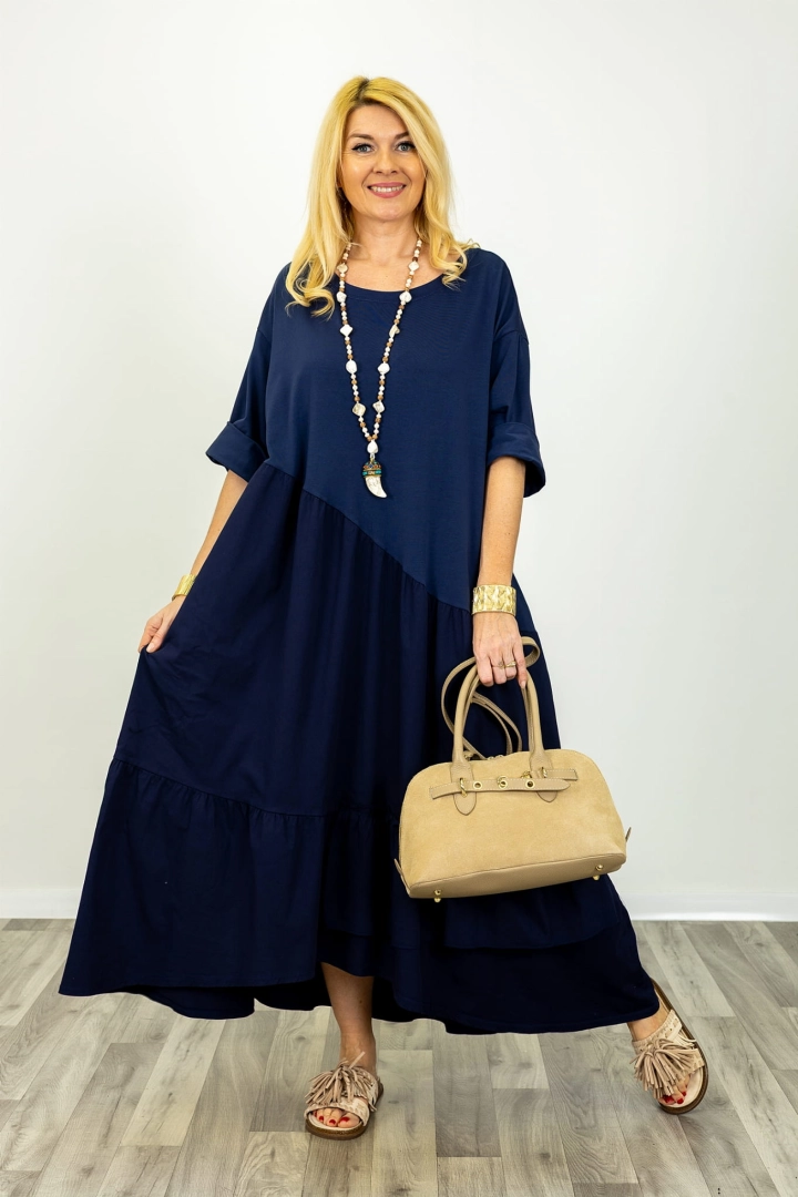 Sukienka oversize maxi Agerola granatowa z kieszeniami i asymetrycznym krojem plus size