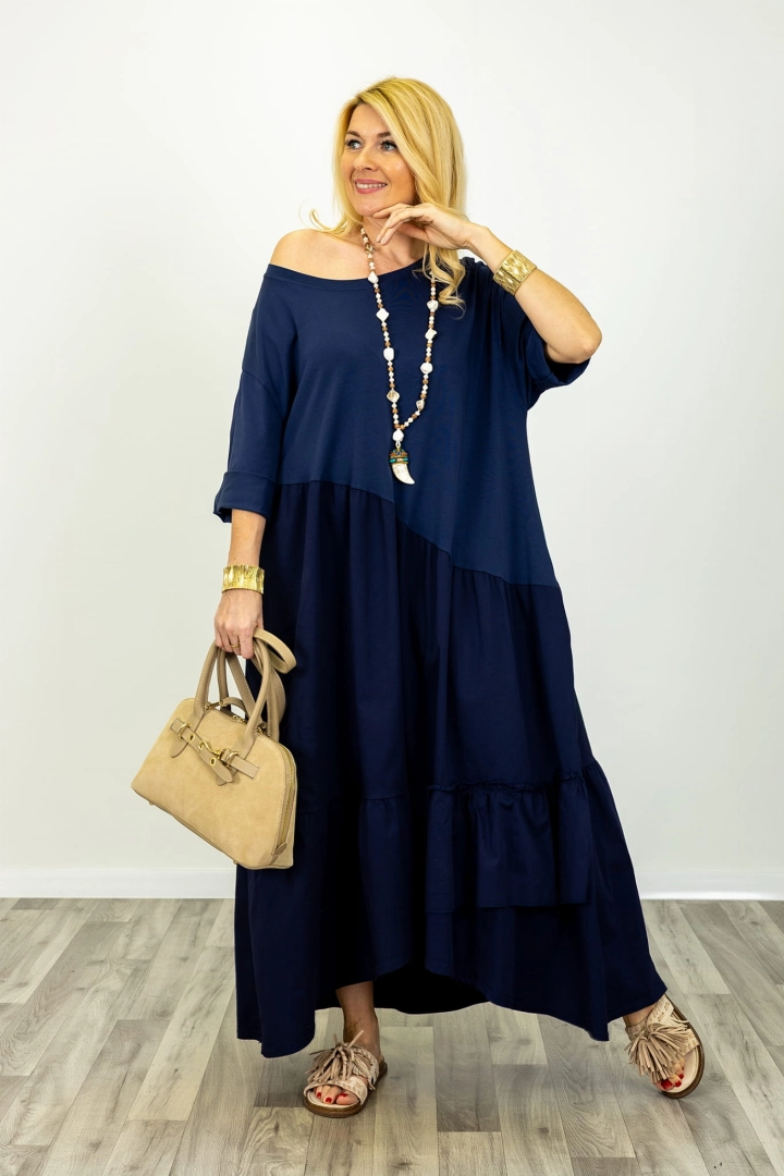 Granatowa sukienka maxi Agerola oversize z asymetrycznym dołem i falbaną plus size