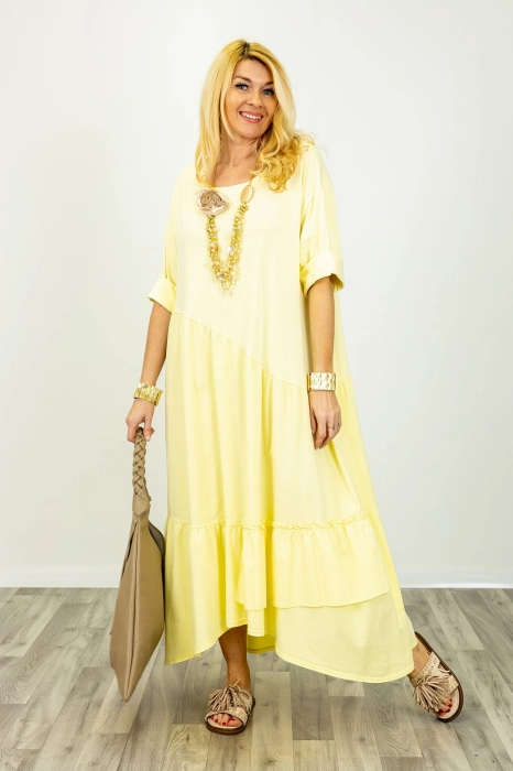 Pastelowa żółta sukienka maxi oversize Agerola asymetryczna plus size