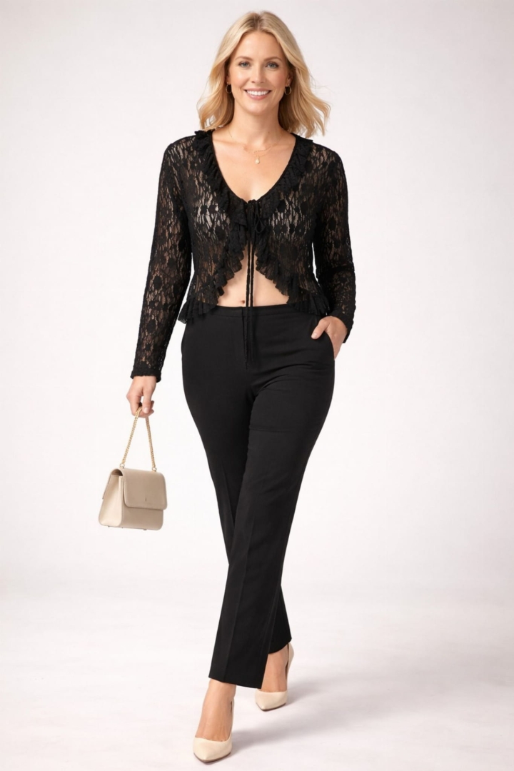 Narzutka koronkowa z długim rękawem asymetryczna wiązana wykończona falbanką Nusco czarna 