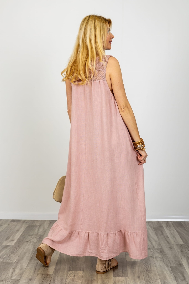 Komplet lniany Oggebbio pudrowy róż narzutka ażurowa oversize z kołnierzykiem i sukienka maxi z okrągłym dekoltem