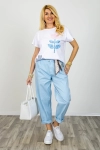 Spodnie balloon z apaszką ozdobnym przeszyciem kieszeniami naszywką i gumką w pasie Malesco błękitne
