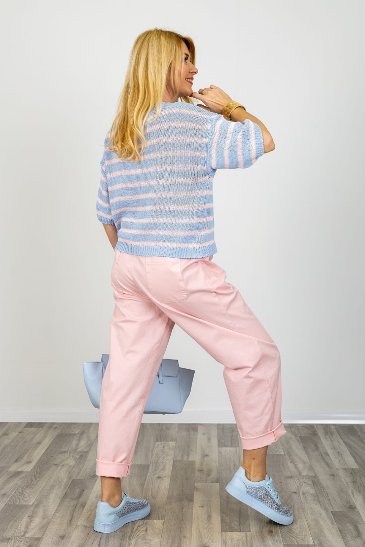 Bluzka oversize Monticchiello dzianinowa w paski błękit i pudrowy róż z krótkim rękawem