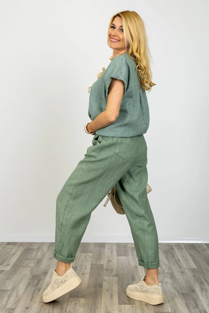 Spodnie lniane damskie casual Pescocostanzo khaki z kieszeniami