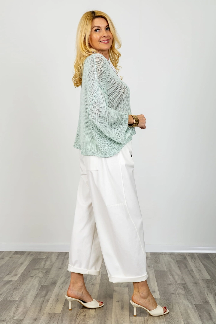 Śmietankowe spodnie balloon z apaszką wysokim stanem kieszeniami gumą w pasie i przeszyciami Ponza