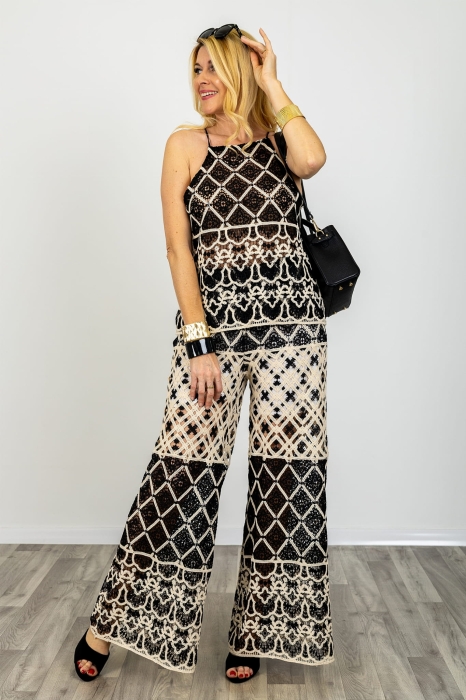 Spodnie wide leg ażurowe z gumką w pasie i szydełkową koronką Genua czarne beżowe