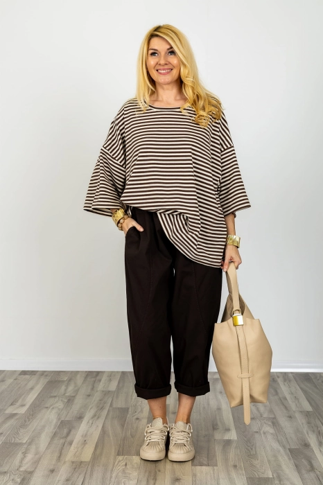 Brązowa bluzka Tribogna  mega oversize w paski z krótkim rękawem